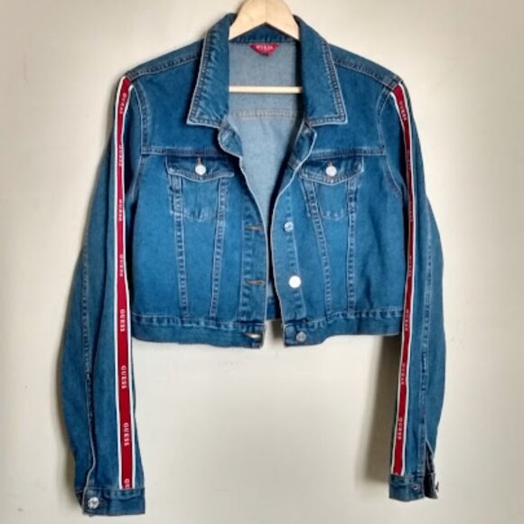GUESS Denim Cropped Jean Jacket Logo detail on each sleeve. Women's size XL - Picture 1 of 10